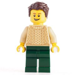 Minifigurka LEGO Tan Torso Sweater, Dark Green Legs, Dark Brown Hair