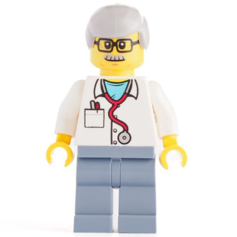 Minifigurka LEGO White Torso Lab Coat, Sand Blue Legs, Light Bluish Grey Legs