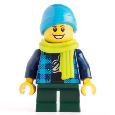 Minifigurka LEGO Kid, Dark Blue Torso, Dark Green Legs, Blue Cap, Lime Scarf