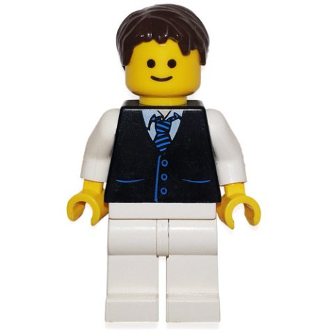 Minifigurka LEGO Black Torso Jacket, White Legs, Dark Brown Hair