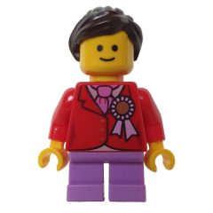 Minifigurka LEGO Kid, Red Torso, Medium Lavender Legs, Dark Brown Hair
