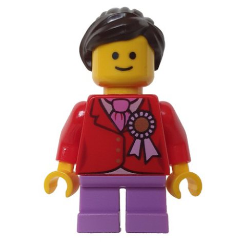 Minifigurka LEGO Kid, Red Torso, Medium Lavender Legs, Dark Brown Hair