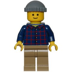 Minifigurka LEGO Man, Plaid Shirt, Dark Tan Legs, Dark Bluish Gray Cap