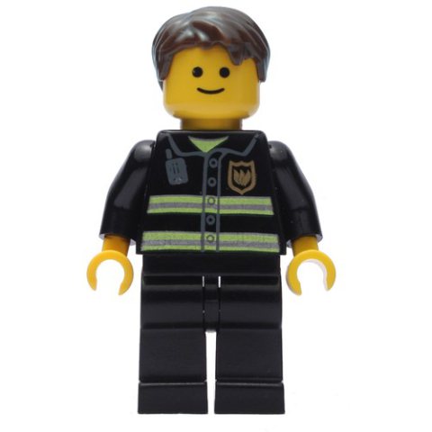 Minifigurka LEGO Fire Fighter, Black Torso, Black Legs, Dark Brown Hair