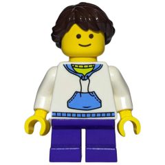 Minifigurka LEGO Kid, White Torso, Dark Purple Legs, Dark Brown Hair