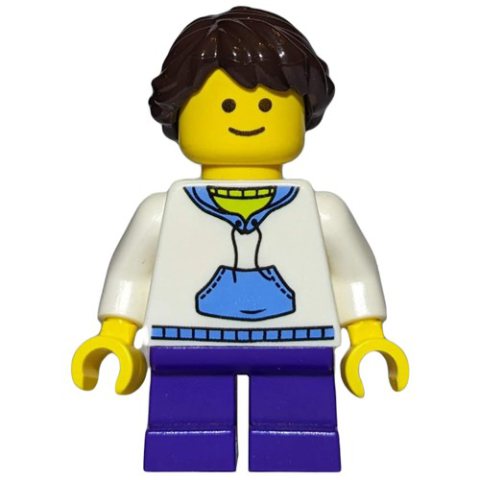 Minifigurka LEGO Kid, White Torso, Dark Purple Legs, Dark Brown Hair