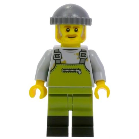 Minifigurka LEGO Light Bluish Grey Torso, Olive Green Overall. Dark Bluish Grey Cap
