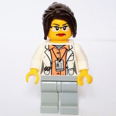 Minifigurka LEGO White Torso Lab Coat, Light Bluish Grey Legs, Dark Brown Hair