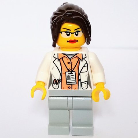 Minifigurka LEGO White Torso Lab Coat, Light Bluish Grey Legs, Dark Brown Hair