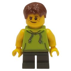 Minifigurka LEGO Kid, Lime Torso, Dark Green Legs, Dark Brown Hair