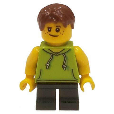 Minifigurka LEGO Kid, Lime Torso, Dark Green Legs, Dark Brown Hair