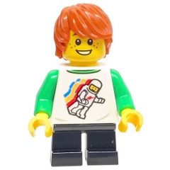 Minifigurka LEGO Boy, White Torso, Black Legs, Dark Orange Hair