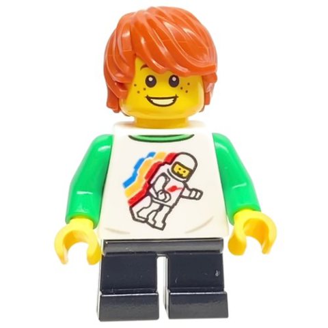 Minifigurka LEGO Boy, White Torso, Black Legs, Dark Orange Hair