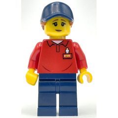 Minifigurka LEGO LEGOLAND Employee, Red Torso, Dark Blue Legs, Dark Blue Cap, Reddish Brown Hair