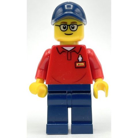 Minifigurka LEGO LEGOLAND Employee, Red Torso, Dark Blue Legs, Dark Blue Cap, Glasses