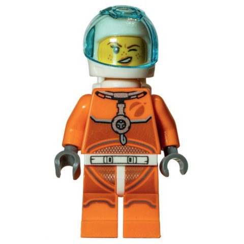 Minifigurka LEGO Astronaut, Woman, Orange Torso and Legs, White Helmet, Trans-Light Blue Visor