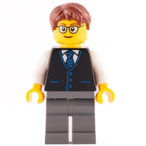 Minifigurka LEGO Launch Director - Black Torso, Dark Bluish Grey Legs, Reddish Brown Hair