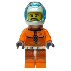 Minifigurka LEGO Astronaut - Orange Torso and Legs, White Helmet, Trans-Light Blue Visor, Moustache