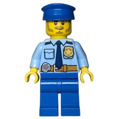 Minifigurka LEGO Policeman, Bright Light Blue Shirt with Dark Blue Tie, Badge, and Radio on Belt, Blue Legs, Blue Hat