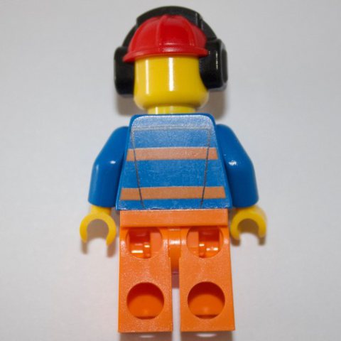 Minifigurka LEGO Worker - Blue Torso, Orange Legs, Red Helmet with Ear Protectors