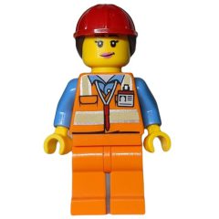 Minifigurka LEGO Worker - Orange Torso, Orange Legs, Red Helmet with Reddish Brown Hair