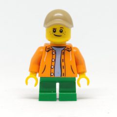 Minifigurka LEGO Kid, Orange Torso, Green Legs, Dark Tan Cap