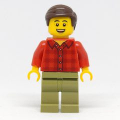 Minifigurka LEGO Red Torso, Olive Green Legs, Dark Brown Hair