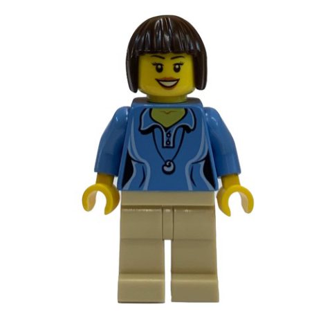 Minifigurka LEGO Medium Blue Torso, Tan Legs, Dark Brown Hair