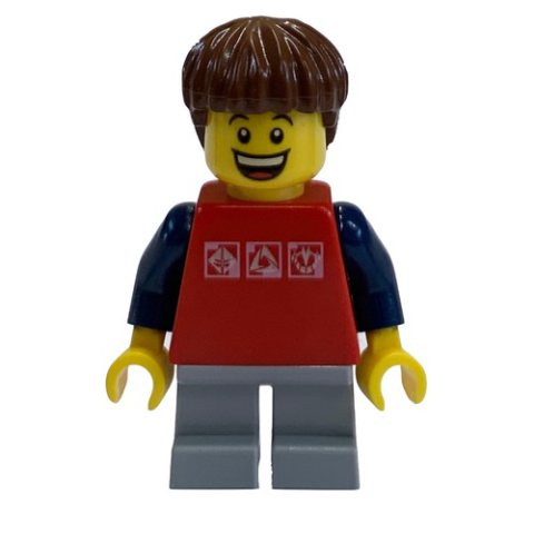 Minifigurka LEGO Kid - Red Torso, Light BLuish Grey Legs, Reddish Brown Hair