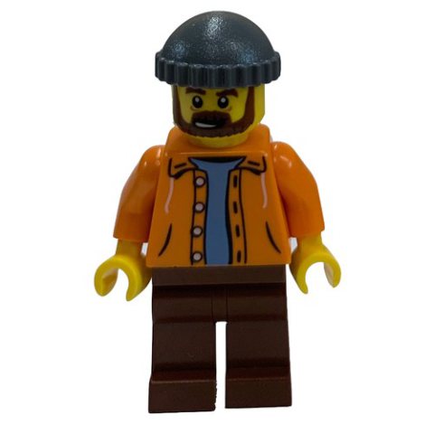 Minifigurka LEGO Orange Torso, Reddish Brown Legs, Dark BLuish Grey Cap