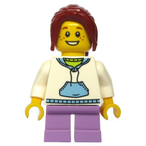 Minifigurka LEGO Kid - White Torso, Medium Lavender Legs, Dark Red Hair