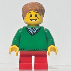 Minifigurka LEGO Kid - Green Torso, Red Legs, Medium Nougat Hair