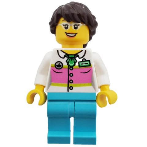 Minifigurka LEGO White Torso, Medium Azure Legs, Dark Brown Hair