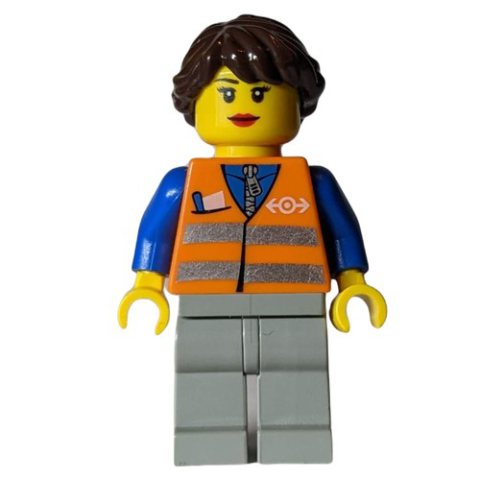 Minifigurka LEGO Train Worker - Orange Torso, Light Bluish Grey Legs, Dark Brown Hair