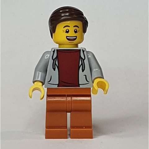 Minifigurka LEGO Light Bluish Grey Torso, Dark Orange Legs, Dark Brown Hair