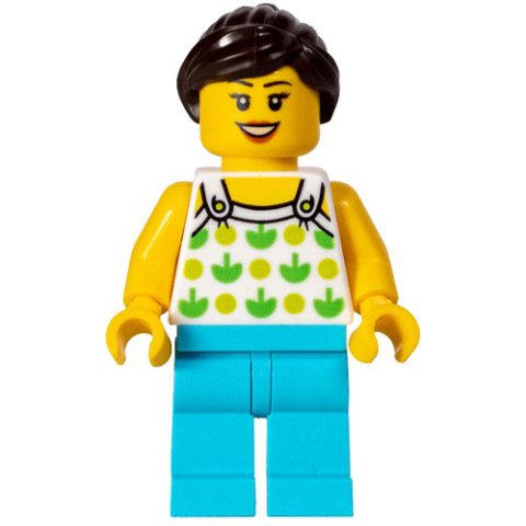 Minifigurka LEGO White Torso, Medium Azure Legs, Dark Brown Hair