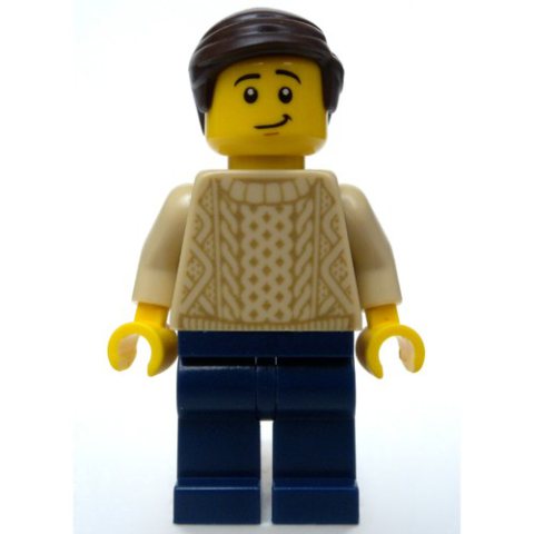 Minifigurka LEGO Tan Torso Sweater, Dark Blue Legs, Dark Brown Hair