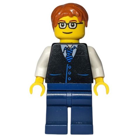 Minifigurka LEGO Black Torso, Dark Blue Legs, Dark Orange Hair - Squared Glasses