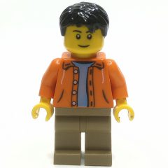 Minifigurka LEGO Orange Torso, Dark Tan Legs, Black Hair