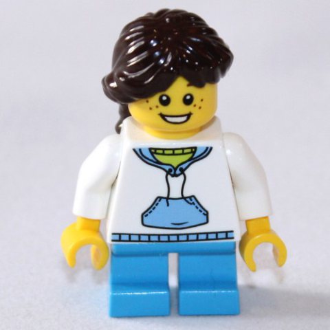 Minifigurka LEGO Kid - White Torso, Dark Azure Legs, Dark Brown Hair