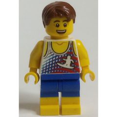 Minifigurka LEGO White Torso, Blue/Yellow Legs, Reddish Brown Hair