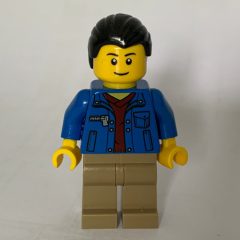 Minifigurka LEGO Man, Blue Jacket over Dark Red Shirt, Dark Tan Legs, Black Legs