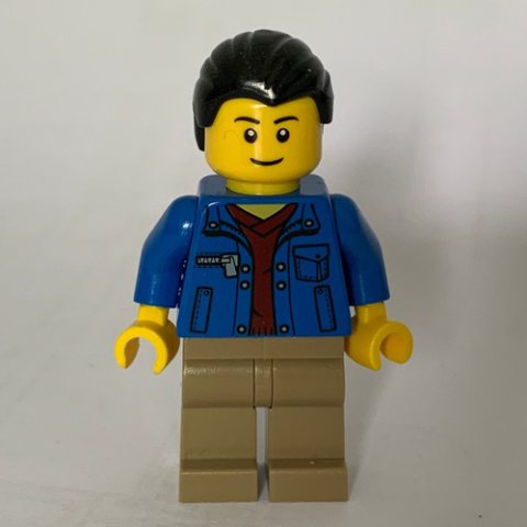 Minifigurka LEGO Man, Blue Jacket over Dark Red Shirt, Dark Tan Legs, Black Legs