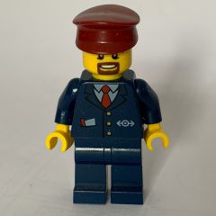 Minifigurka LEGO Train Conductor, Dark Blue Suit with Tie and Train Logo, Dark Red Hat, Goatee Beard