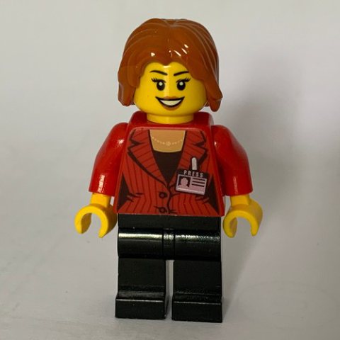 Minifigurka LEGO Reporter, Red Jacket, Black Legs, Dark Orange Hair