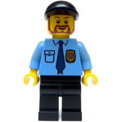 Minifigurka LEGO Policeman, Medium Blue Shirt with Badge and Tie, Black Cap, Beard