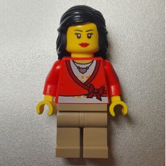 Minifigurka LEGO Woman, Cardigan Tied with Bow and Necklace, Dark Tan Legs, Black Hair