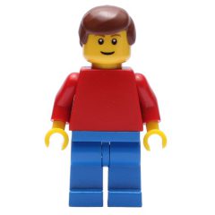 Minifigurka LEGO Red Torso, Blue Legs, Reddish Brown Hair
