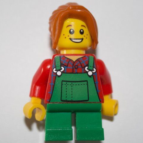 Minifigurka LEGO Kid - Red Torso, Green Legs, Dark Orange