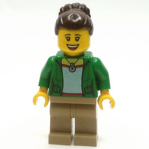 Minifigurka LEGO Green Torso, Dark Tan Legs, Dark Brown Hair